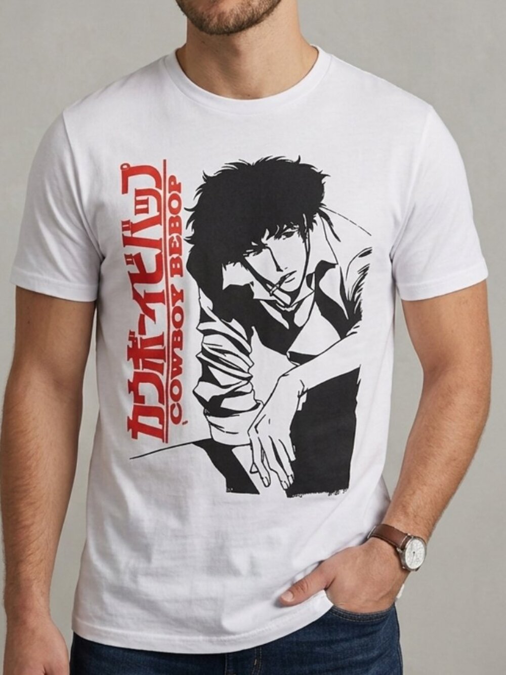 Cowboy Bebop Mens T-Shirt Spike Hunched smoking Space anime Small unisex tee